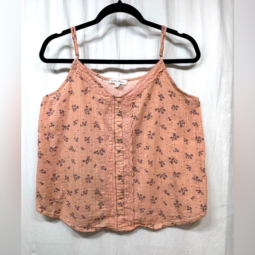 By the River Tank Top Camisole Peach Orange Floral Lace Size Large
